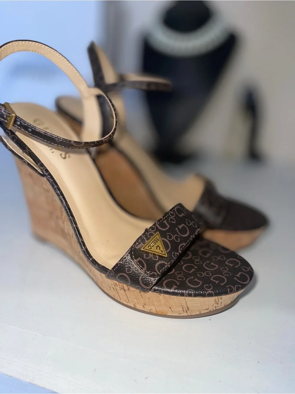 GUESS Brown Logo Cork Wedge Sandals with Ankle Strap